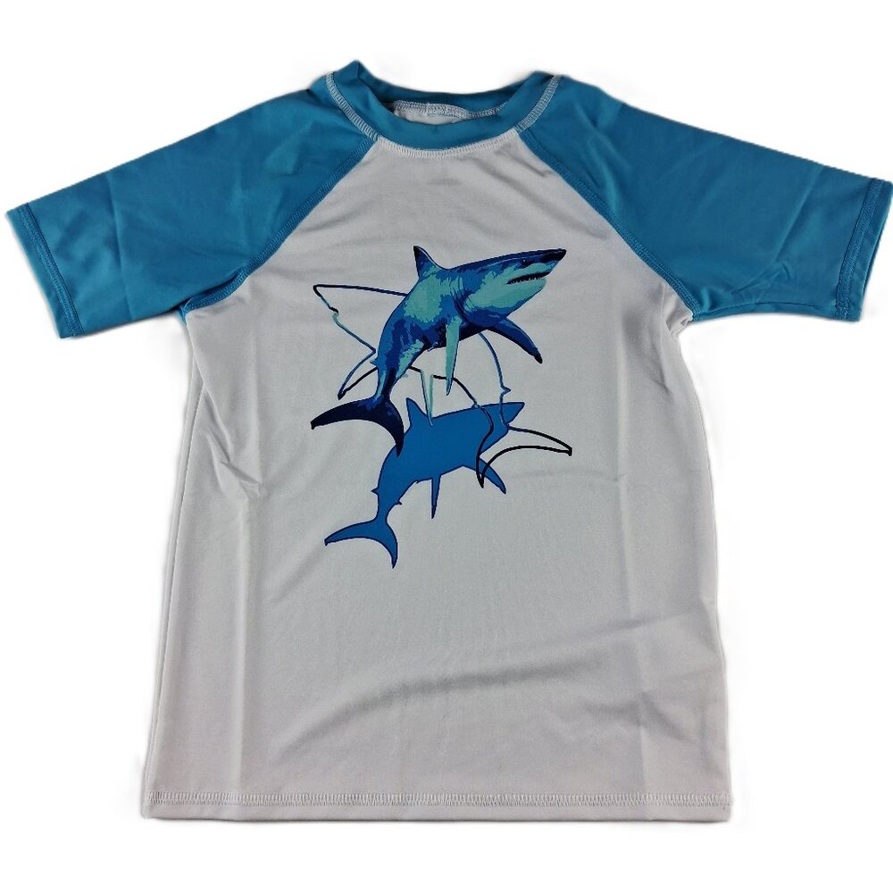 Lands' End Short Sleeve Rash Guard Boys Size XS Blue Sharks UPF 50 Swim